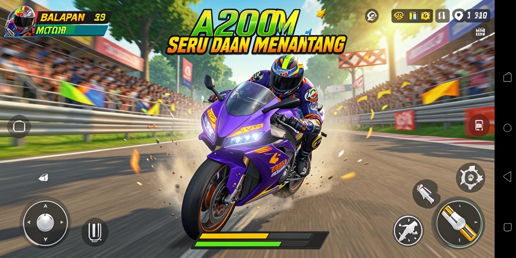 Gameplay A200M menampilkan balapan motor yang intens dan menegangkan.