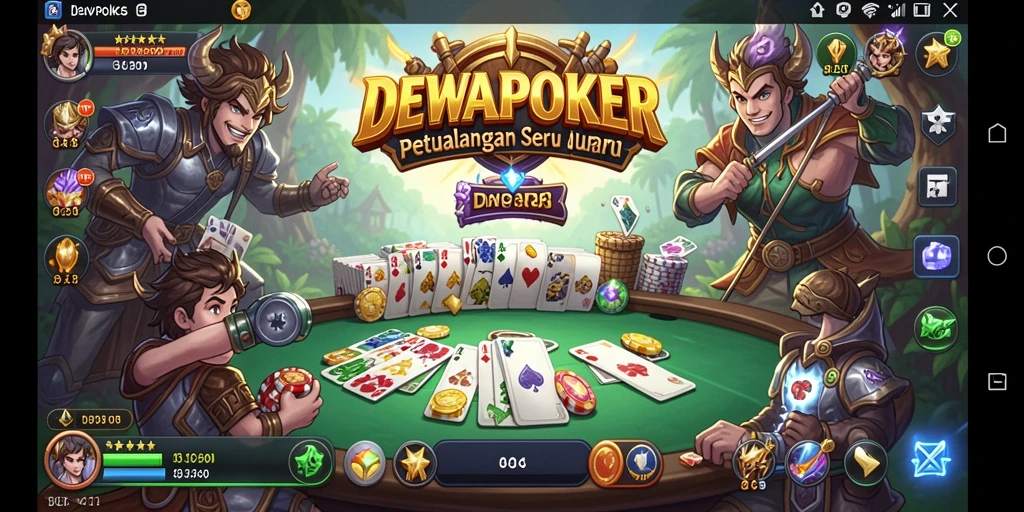 Tampilan gameplay menakjubkan dalam DEWAPOKER dengan karakter dan misi RPG.