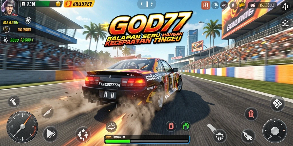 Tampilan gameplay seru di GOD77 dengan mobil balap di trek penuh aksi.