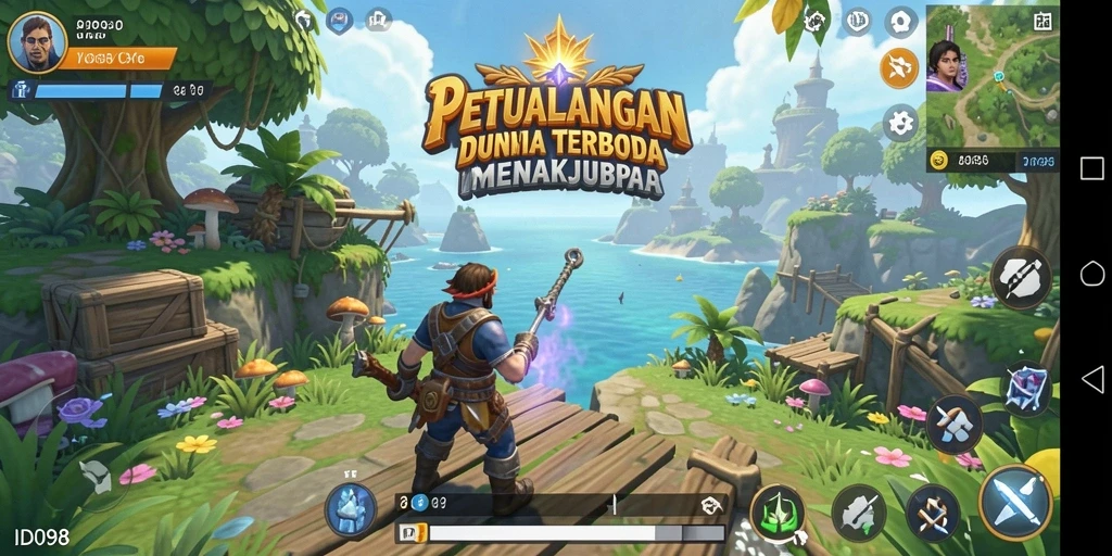 Tangkapan layar gameplay ID098 menampilkan eksplorasi dunia terbuka yang kaya.