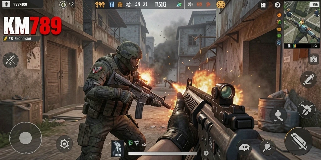 Screenshot gameplay KM789 menunjukkan aksi tembak-menembak yang intens.