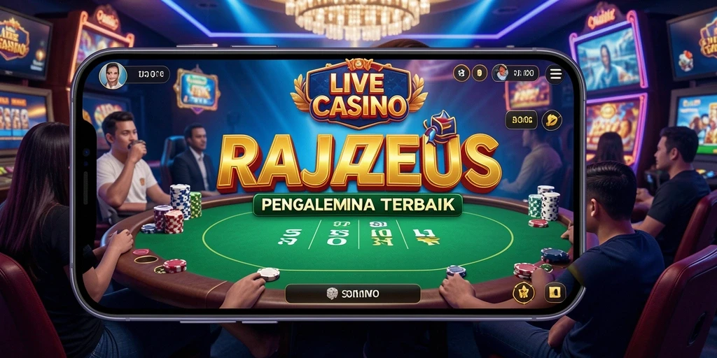 Screenshot gameplay <strong>RAJAZEUS</strong> menunjukkan dealer langsung yang interaktif dan suasana kasino yang hidup.