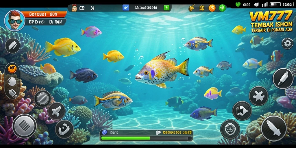 Tampilan gameplay penuh warna dari VM777 dengan aksi tembak ikan.